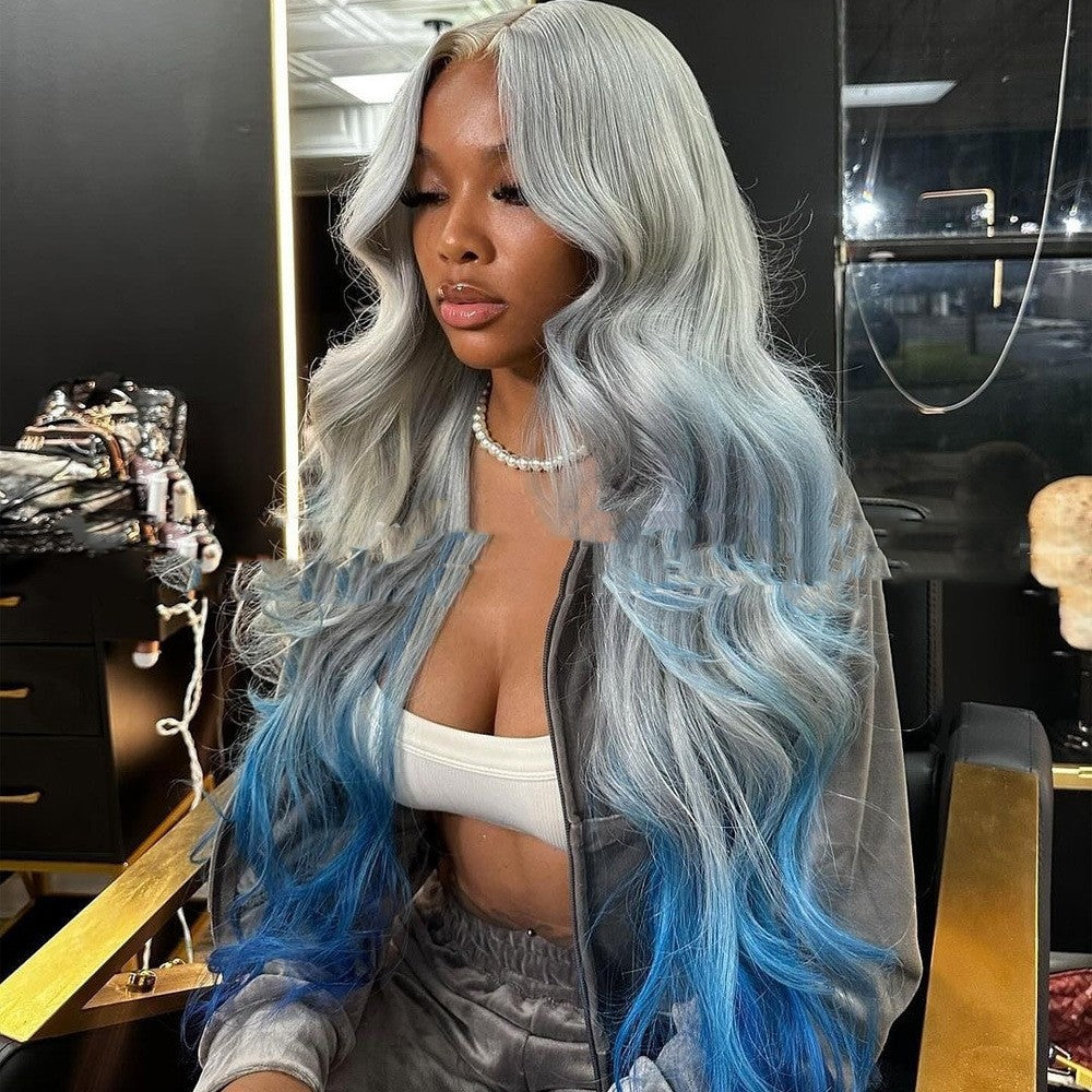 Gradient Color Gray And  Blue 100% Human Hair Wig