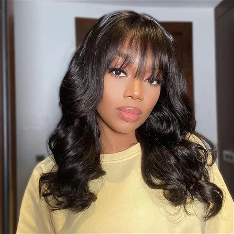Pre Everything Glueless 13x5 Body Wave Lace Front Wig With Bangs  HD Pre Cut Lace Human Hair Wig
