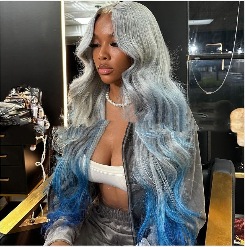 Gradient Color Gray And  Blue 100% Human Hair Wig