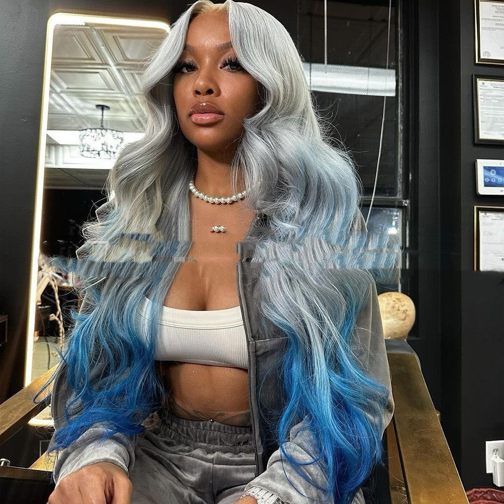 Gradient Color Gray And  Blue 100% Human Hair Wig