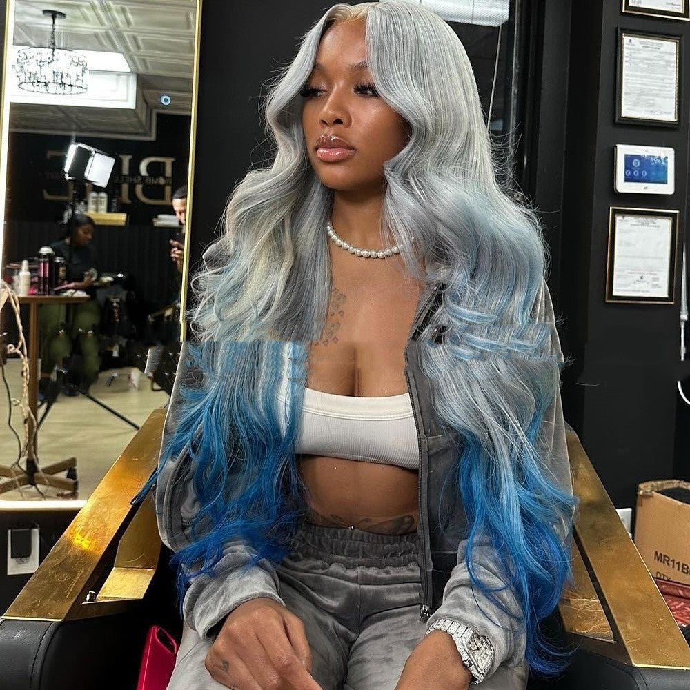 Gradient Color Gray And  Blue 100% Human Hair Wig